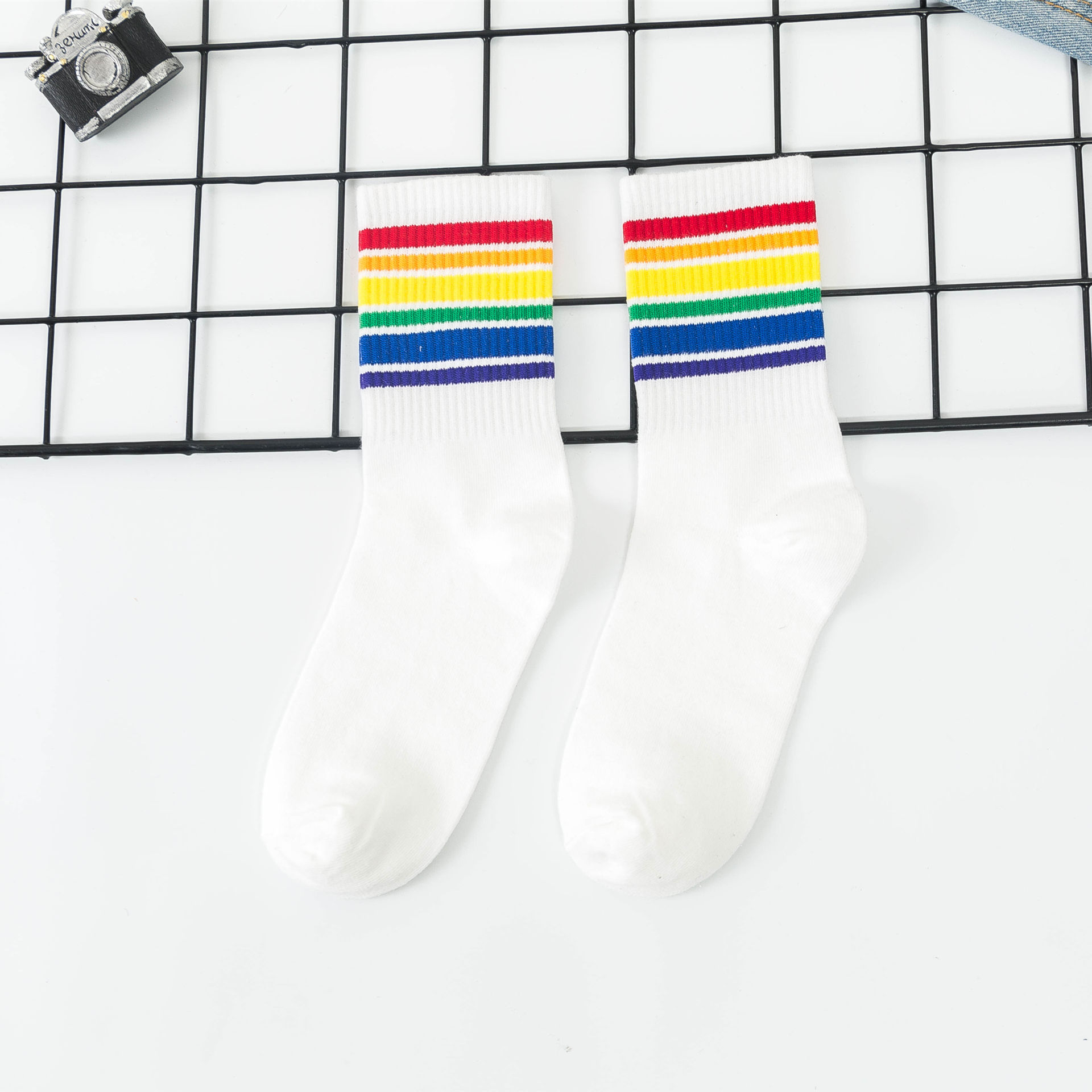 Rainbow Striped Cotton Socks Tide Brand In Street Hip-hop Fashion Institute Of Wind Ins In Tube Socks For Men And Women